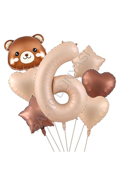 RÖNESANS PARTİ Bear Head Number Heart Star Foil Balloon Set Age-6