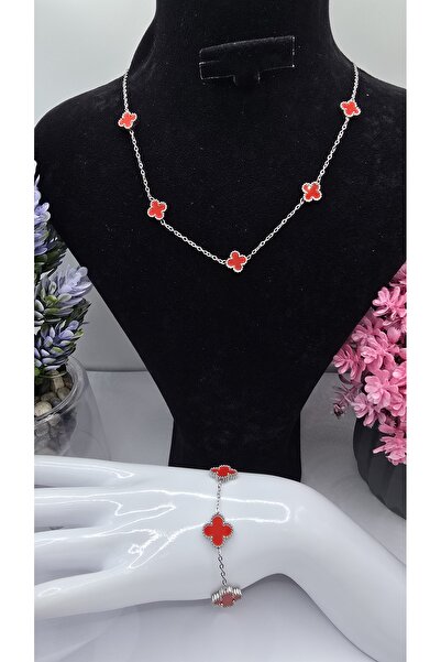 ahsenaksesuar2025 Kırmızı Yonca Van Cleef Çelik Set -Büyük Bileklik Küçük Kol...