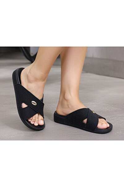 Budaks Women's Black Glittery Double Buckle Thick Sole Slippers