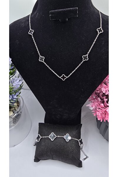 ahsenaksesuar2025 Siyah Yonca Van Cleef Çelik Set -Büyük Bileklik Küçük Kolye...