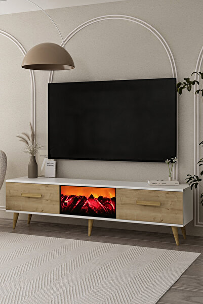 cantek dizayn TV0050-0050-TXA150-1 ŞÖMİNELİ TV SEHPASI BEYAZ-SAFİRMEŞE-SAFİRM...