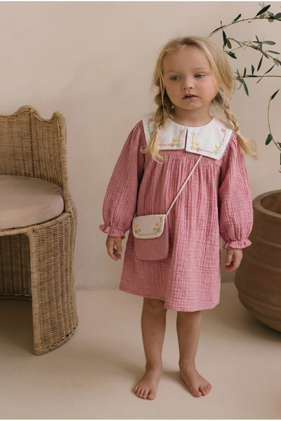 Magu Girl's Cotton Muslin Pink Embroidered Shirt Collar Dress