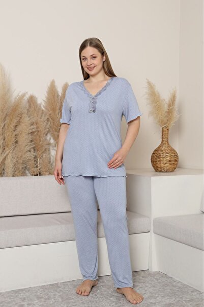 MEBA Women's Plus Size Lace Collar Short Sleeve Bamboo Fabric Pajama Set