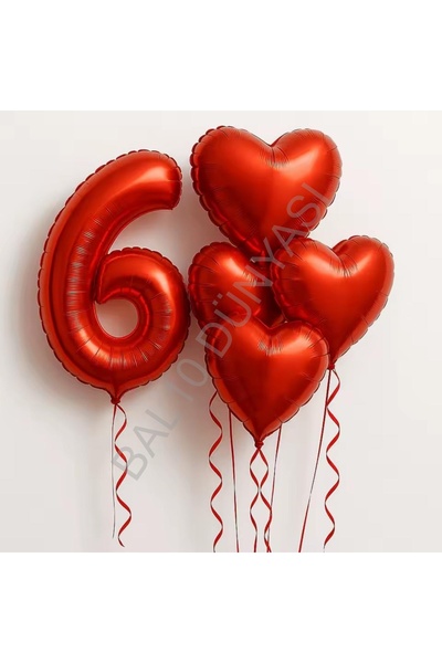 BEST PARTİ Kırmızı Rakam Kalp Folyo Balon Seti Yaş-6