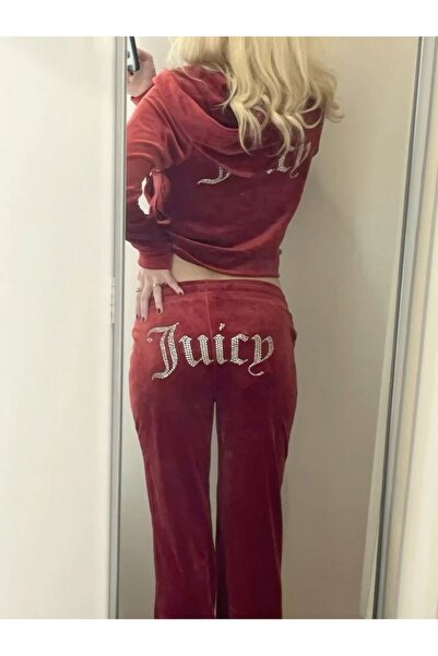 DEEFWEAR Women's Pink Stone Slim Fit Velvet Tracksuit Set Juicy Style Y2K
