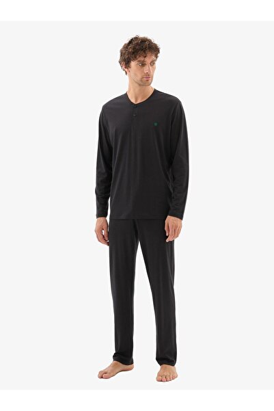 Blackspade Men's Long Sleeve Half Buttoned Black Pajama Set C0T8N704