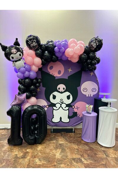 Çemrek Süs Parti Lila Black and Pink Balloon Chain Set Includes 102 Kuromi Ba...