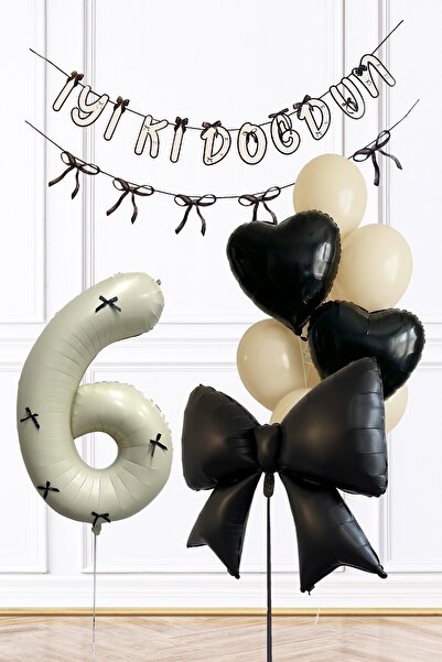 PEKSHOP مجموعة بالونات عيد الميلاد بتصميم فيونك أسود لعمر 6 سنوات، مجموعة بال...