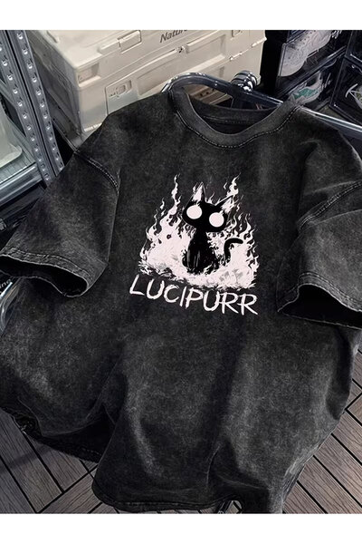 Le Savu Washable Lucipurr Printed Unisex Oversize Vintage T-Shirt