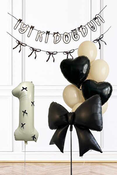 PEKSHOP Siyah Fiyonk Konsept 1 Yaş Doğum Günü Balon Seti 1 Yaş Balonlu Set228