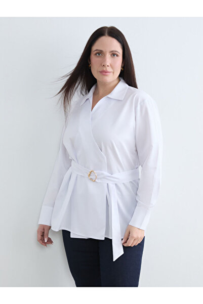 LC Waikiki White plus size shirt collar waist belted satin blouse