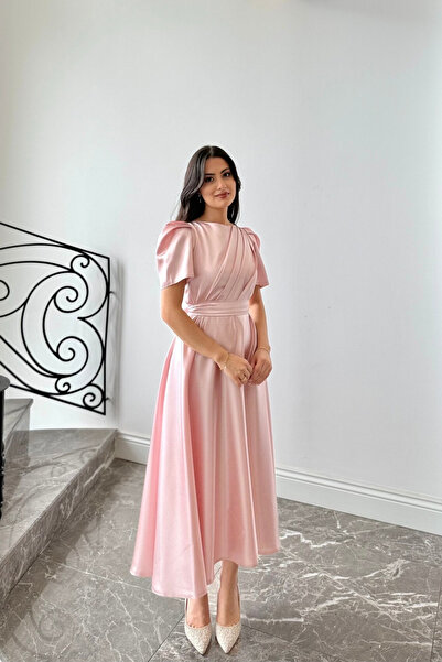 Nika Fashion Bade Saten Kloş Etek Midi Boy Kısa Kol Abiye Elbise