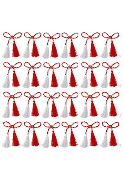 HYVESTO Set 24 Snururi Martisor Rosu Alb Argintiu 50cm 4mm Ciucuri 7cm Manual...