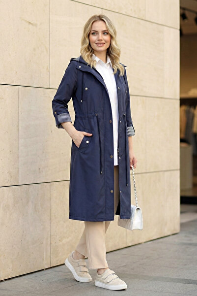 Kirazgym Women's Striped Lined Trench Coat - Navy Blue