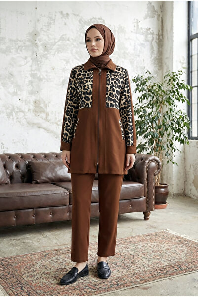 MODAQU Set dublu cu fermoar și detaliu cu imprimeu leopard - Maro