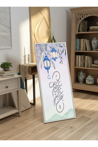 LOWHA لوحة جدارية قماشية على إطار خشبي بإطار أبيض عائم وحامل خلفي، مزينة بتصم...