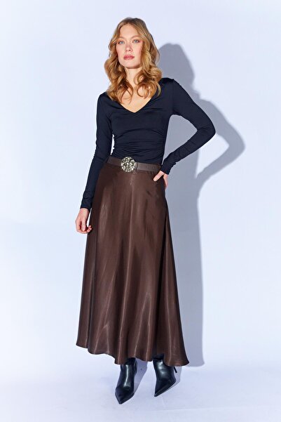 TENA Women's Brown 3499 Satin Long Skirt with Belt