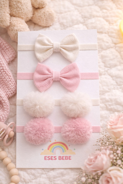 ESES BEBE 4’lü Bebek Bandana Seti Fiyonklu Ponponlu – Kız Bebek Saç Bandı