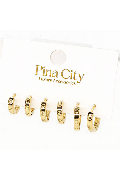 PinaCity Zirkon Taşlı Altılı Set Halka Küpe,Çivi Desenli