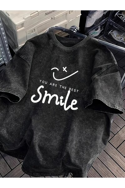 Le Savu Washable Smile Printed Unisex Oversize Vintage T-Shirt