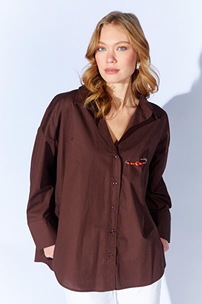 TENA Women's Coffee Color Oversized Poplin Shirt with Short Front and Long Back