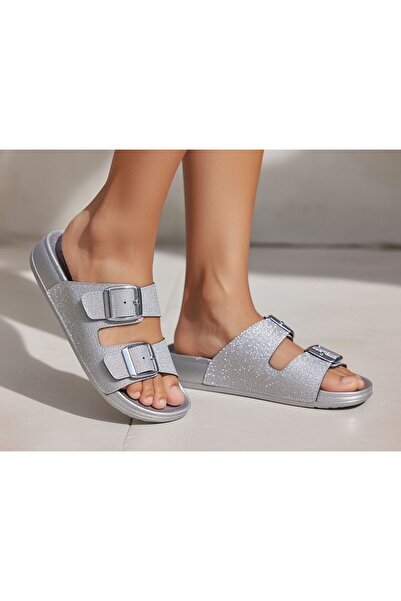 Budaks Women's Silver Glitter Double Buckle Thick Sole Lightweight Slippers