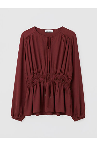 LC Waikiki Bluză cu guler cu șireturi bordeaux cu încrețituri
