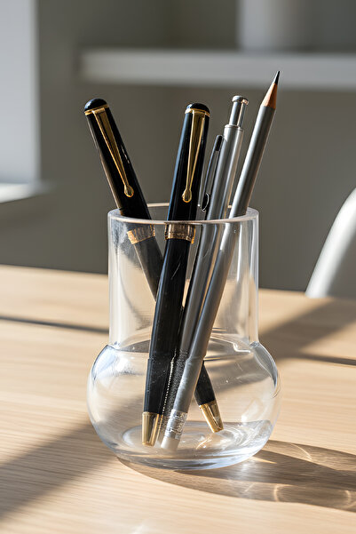 Oduman Minimalist Şeffaf Cam Kalemlik - Masaüstü Ofis Organizer (11x9 cm)