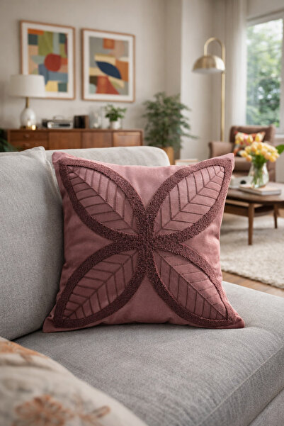 Pilloveland Punch Embroidered Throw Pillow Cover - 43*43 cm - 4 Dried Rose Pe...