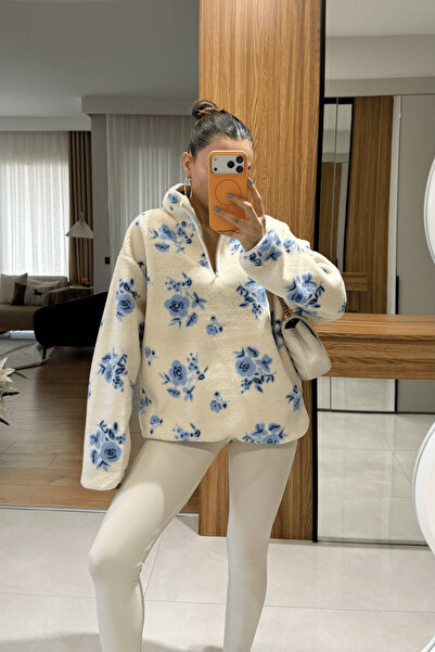 Gizem Ecemiş Presy Mavi Gül Desen Teddy Kazak