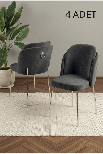 DEREN HOME Rigella Gümüş 4Adet Mutfak Salon Yemek Odası Sandalyesi Silinebili...