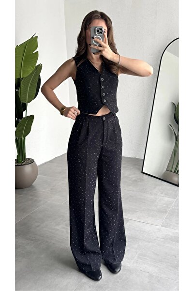 Lila Moda Women's Luxe Stone Detailed Pleated High Waist Palazzo Trousers Ves...