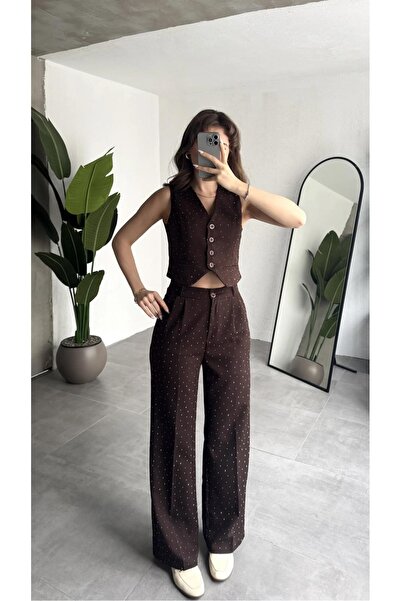 Lila Moda Women's Luxe Stone Detailed Pleated High Waist Palazzo Trousers Ves...