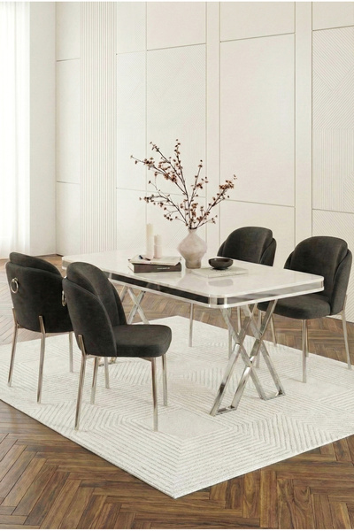 DEREN HOME Rigella Gümüş 80x130 Beyaz Sabit Mdf Masa Metal Ayaklı 4 Adet Sand...