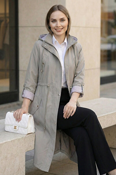 Kirazgym Women's Striped Lined Trench Coat - Gray