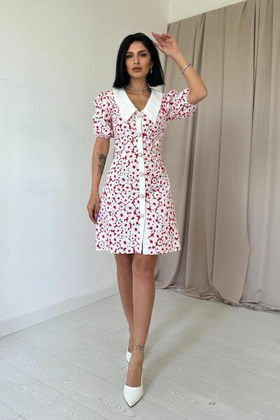 ELİSA A short dress with floral details, featuring a V-neck and elegant butto...