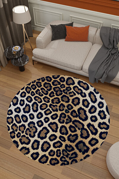 THEMODERNHANE Leopar Desenli Yuvarlak Dijital Baskılı Yıkanabilir Kaymaz Taba...