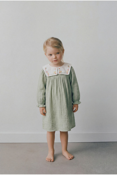 Magu Girl's Cotton Muslin Green Embroidered Shirt Collar Dress