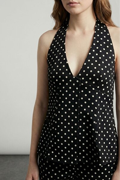 Quzu Polka Dot Backless Cup Model Blouse Black