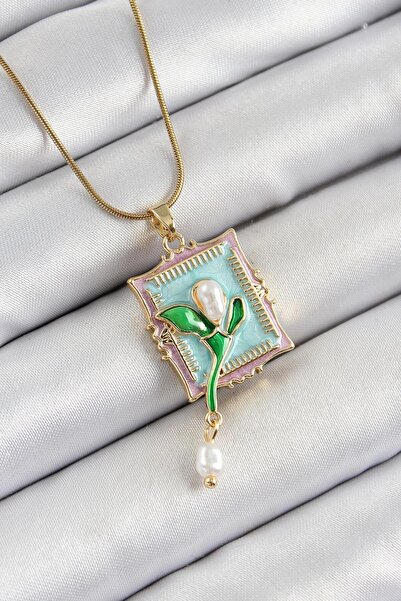 N!da Jewelry Çelik Sallantılı İnci Detaylı Sanatsal Lale Portre Kolye