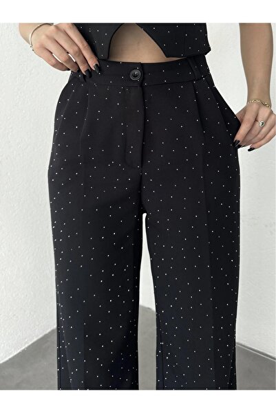 Lila Moda Women's Luxe Stone Detailed High Waist Wide Leg Palazzo Trousers