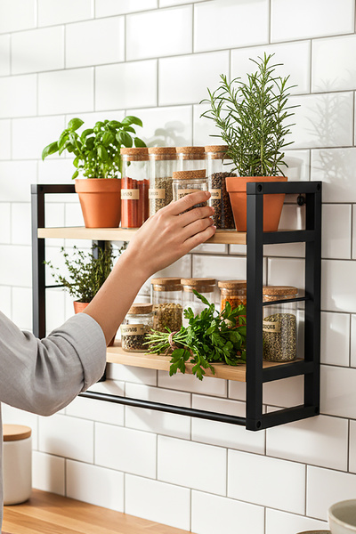 PLUSKIT 2 Raflı Metal Düzenleyici Baharatlık Duvara Monte Mutfak Rafı Metal O...