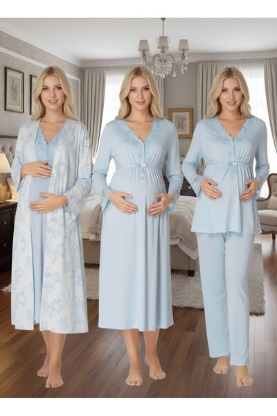 Lohusa Homewear Γυναικείο σετ πιτζάμες νυχτικό με μπλε μοτίβο με κουμπιά, μακ...