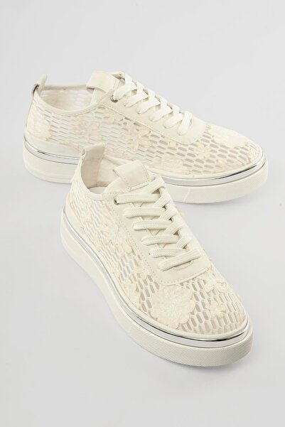 Mubiano Women's Sneaker with Floral Embroidery and Mesh Detail, Nerolia White