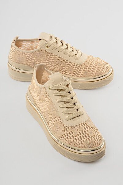 Mubiano Women's Sneaker with Floral Embroidery and Mesh Detail in Nerolia Beige
