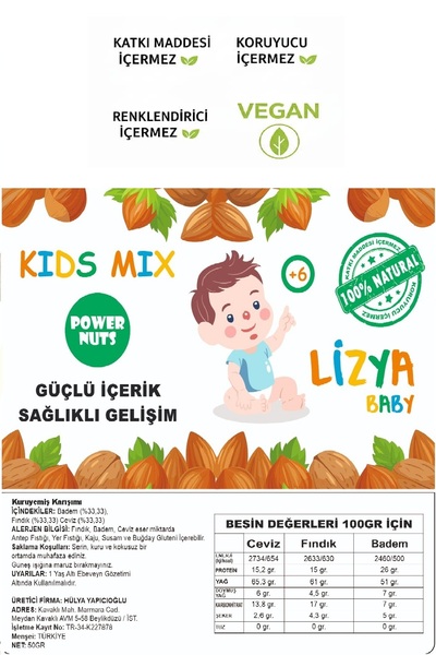 LİZYA BABY Çocuk bebek ek gıda çocuklar için Ceviz Badem Fındık Doğal besleyici toz Karışım +6 Ay 50 gr