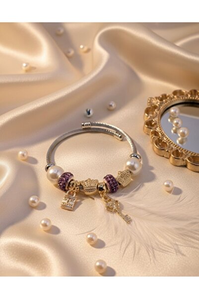 Meneva Aksesuar Charm Detaylı Çelik Kelepçe Bileklik