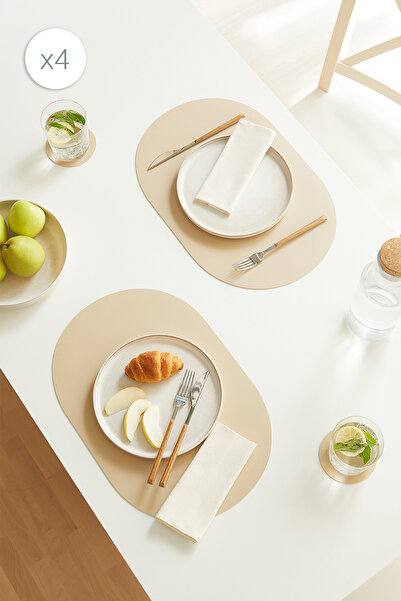 Homewave 4 Adet Bej/Taş Suni Deri Sofra Sunum Tabak Altlığı Supla Amerikan Se...