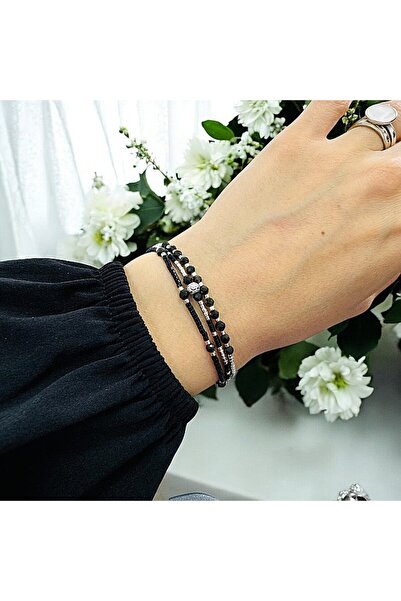 Ezera Black-Silver String Bracelet Elysia 3 Layers Miyuki and Obsidian with 9...