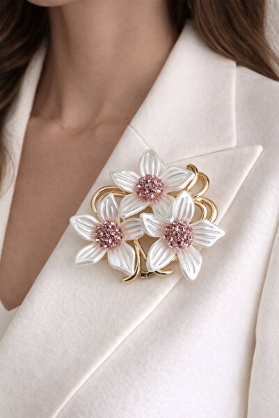 Modex Altın Sarısı Pembe Taşlı Yonca Çiçek Broş (4cm)